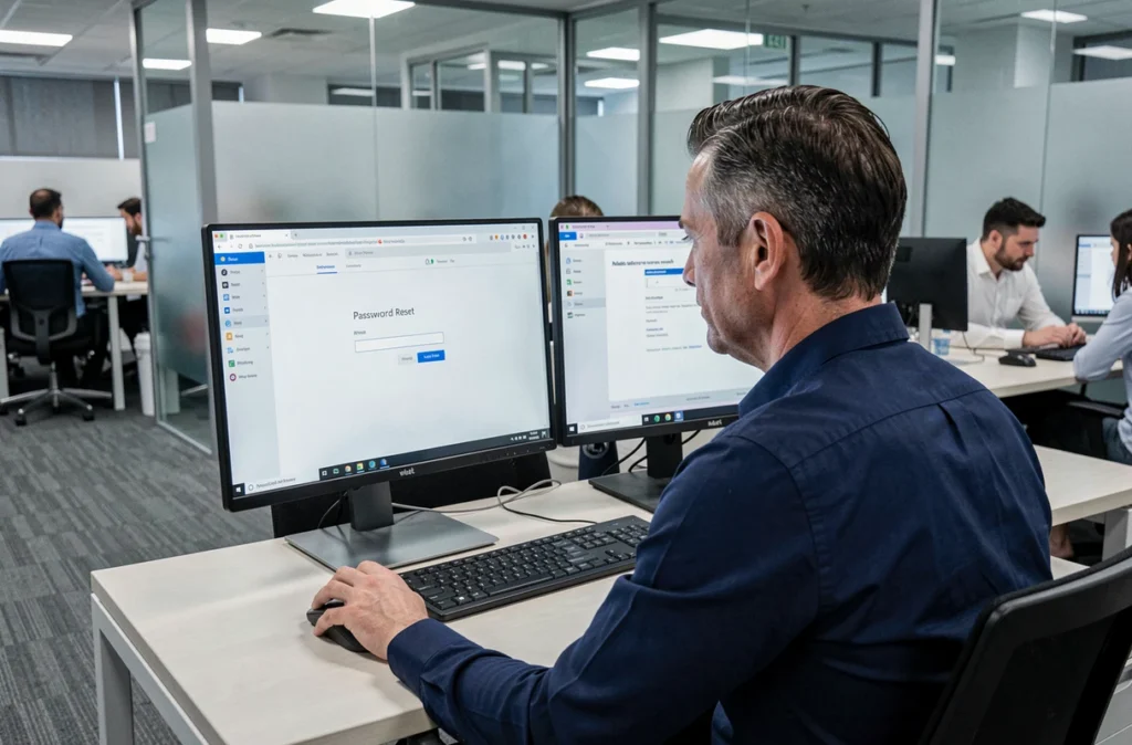 Homme réinitialisant le mot de passe de son compte webmail 72 dans un bureau professionnel en open space