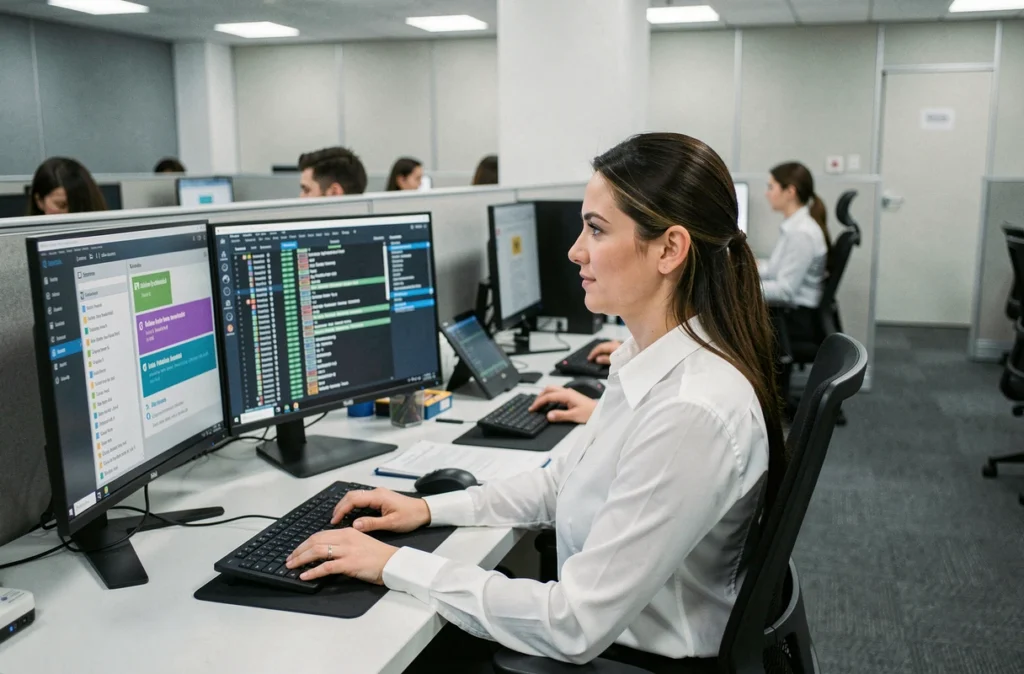 Analyste SOC de SIENNA surveillant des tableaux de bord SIEM et des alertes de détection d'intrusion dans un centre de sécurité