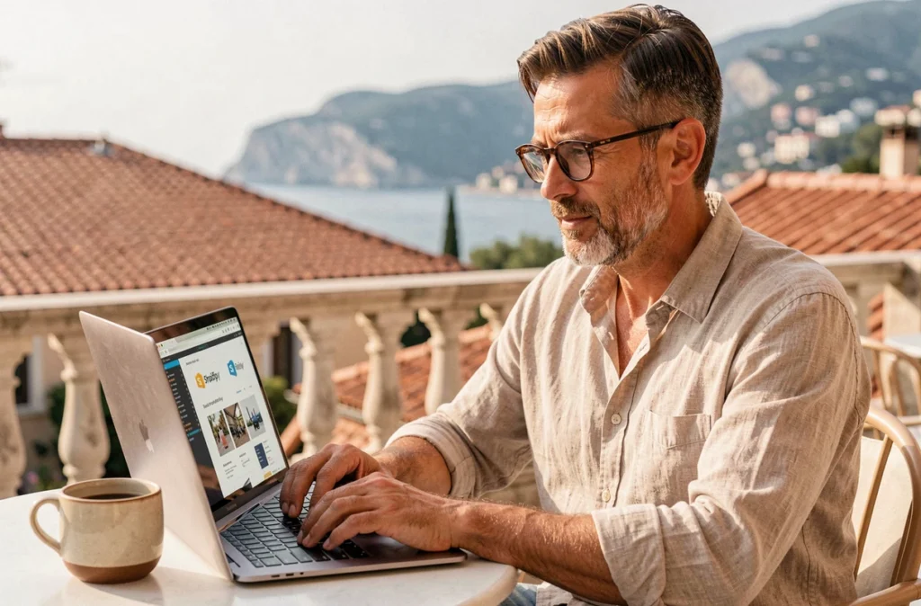 Développeur Shopify freelance travaillant depuis une terrasse à Nice avec vue sur la Côte d'Azur